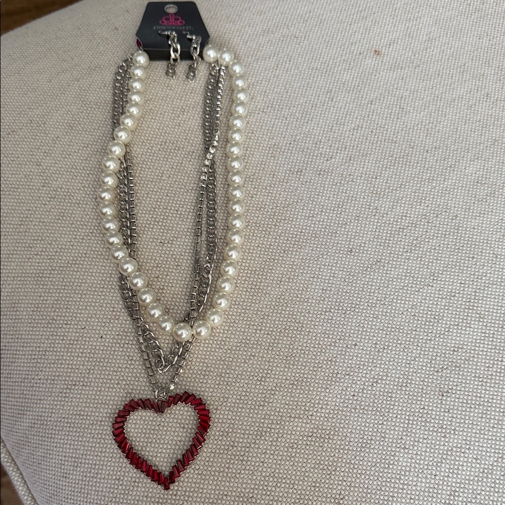 paparazzi Silver Chain & Pearl Necklace with Red Heart Pendant & Earrings